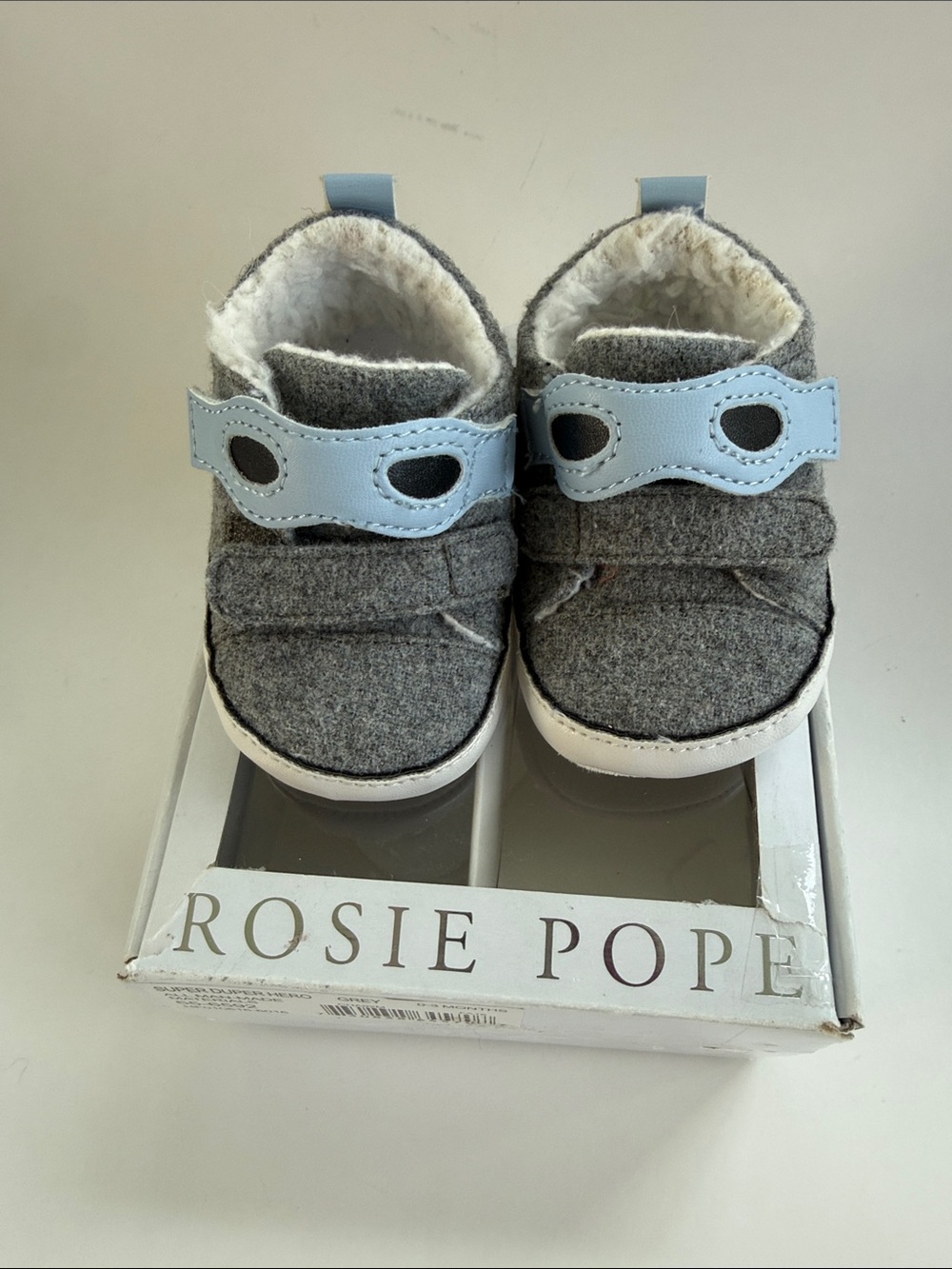 Rosie Pope Super Duper Hero Baby Shoes 0-3 months Gray with light blue mask